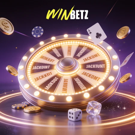 Roue de jeux Winbeatz entourée de jetons et de cartes